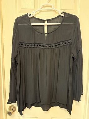 Sheer Black Long-Sleeve Blouse with Crochet Yoke